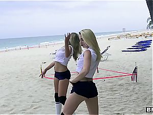 trio teenage lovelies catch a gigantic dong on the beach