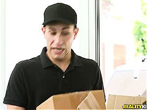 light-haired shakes her funbags riding the delivery guy
